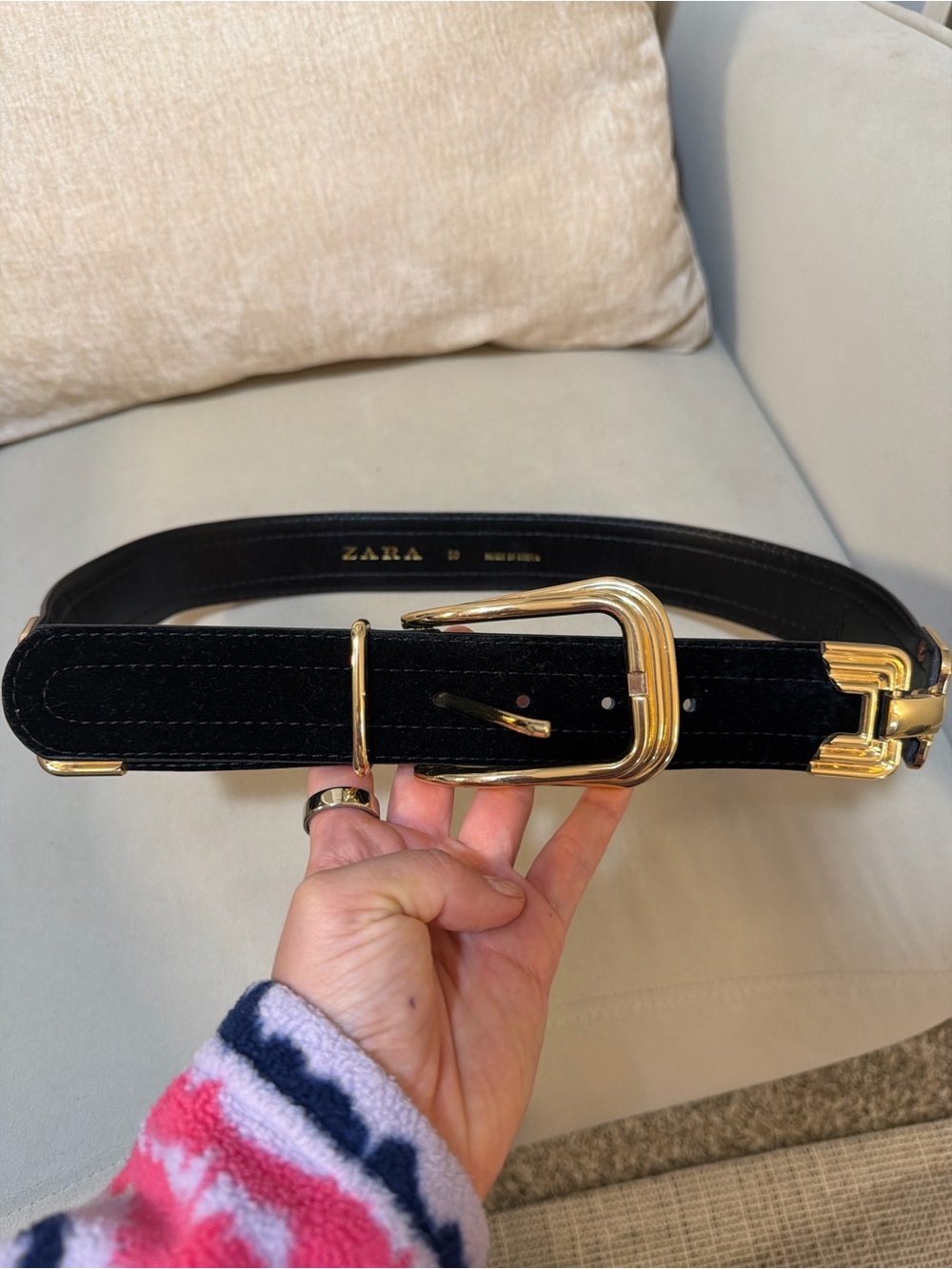 Zara Black Velvet Belt with Gold-Tone Buckle